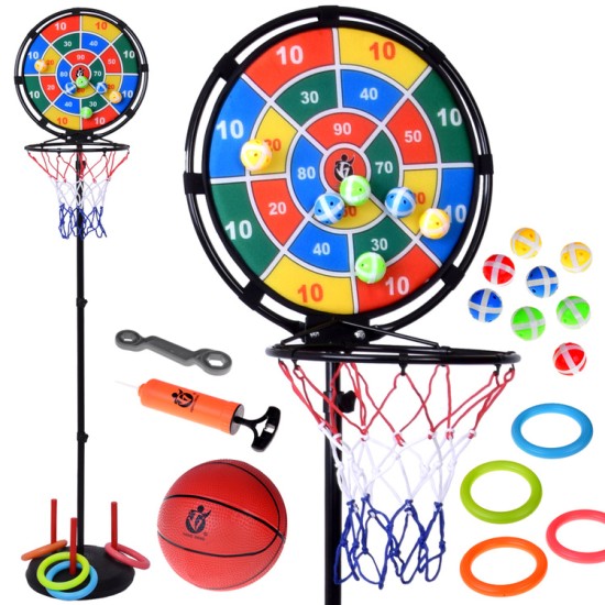 JOKO Sada Hier Basketbalový Kôš, Terč na suchý zips, Hod krúžkami do cieľa 3v1 + lopta a pumpa