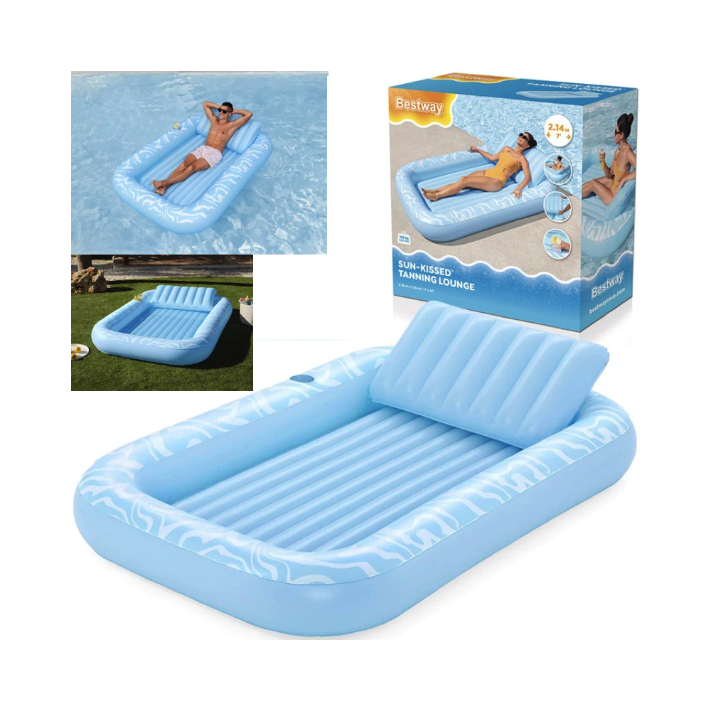 Bestway 43838 Nafukovací Matrac Sun-Kissed™ 214x155cm s vankúšom + držiak na pohár, nosnsoť 100kg, modrý