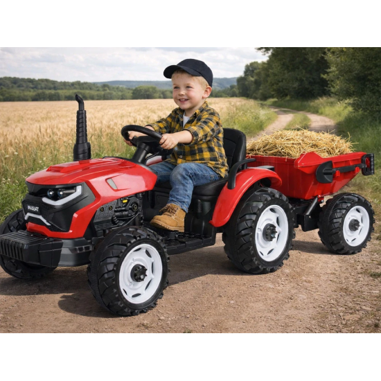 JOKO Veľký Elektrický Traktor s Elektricky vyklápacou vlečkou 205cm, 2x200W 24V, kožené sedadlo, červený