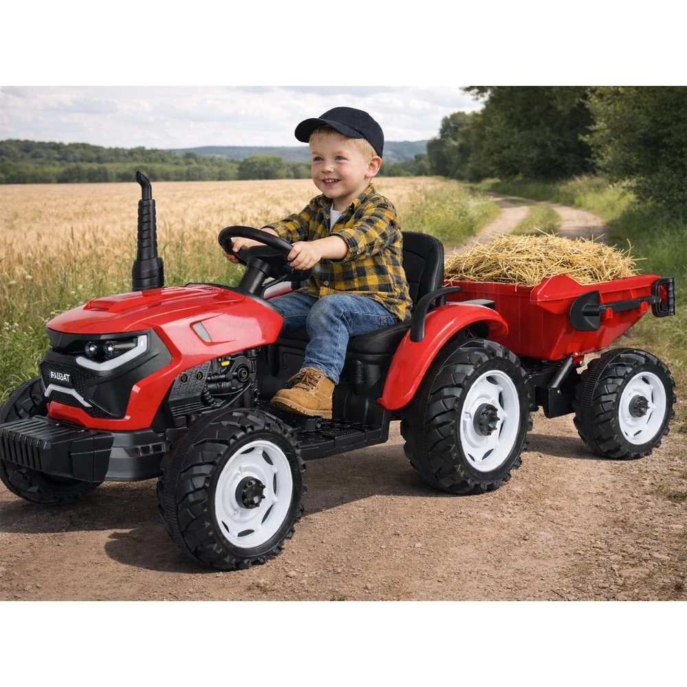 JOKO Veľký Elektrický Traktor s Elektricky vyklápacou vlečkou 205cm, 2x200W 24V, kožené sedadlo, červený