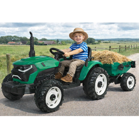 JOKO Veľký Elektrický Traktor s Elektricky vyklápacou vlečkou 205cm, 2x200W 24V, kožené sedadlo, zelený