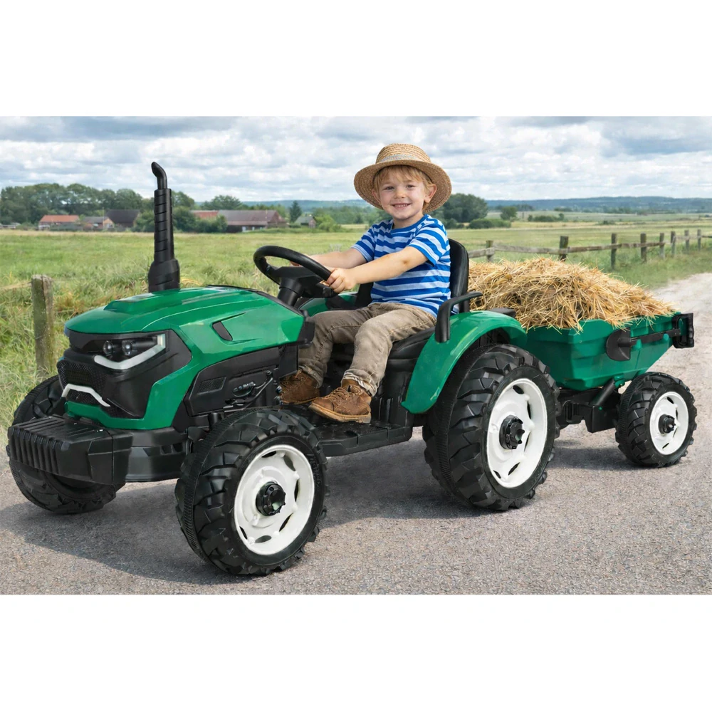 JOKO Veľký Elektrický Traktor s Elektricky vyklápacou vlečkou 205cm, 2x200W 24V, kožené sedadlo, zelený