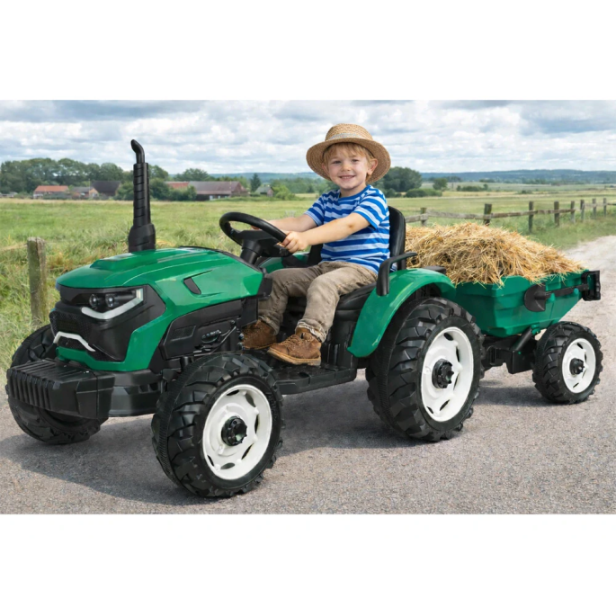 JOKO Veľký Elektrický Traktor s Elektricky vyklápacou vlečkou 205cm, 2x200W 24V, kožené sedadlo, zelený