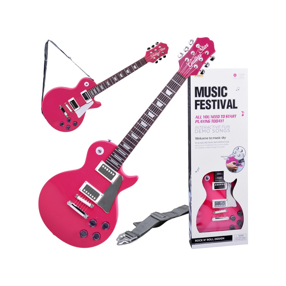 JOKO Detská Elektrická Gitara s kovovými strunami 69cm + popruh a melódie, ružová