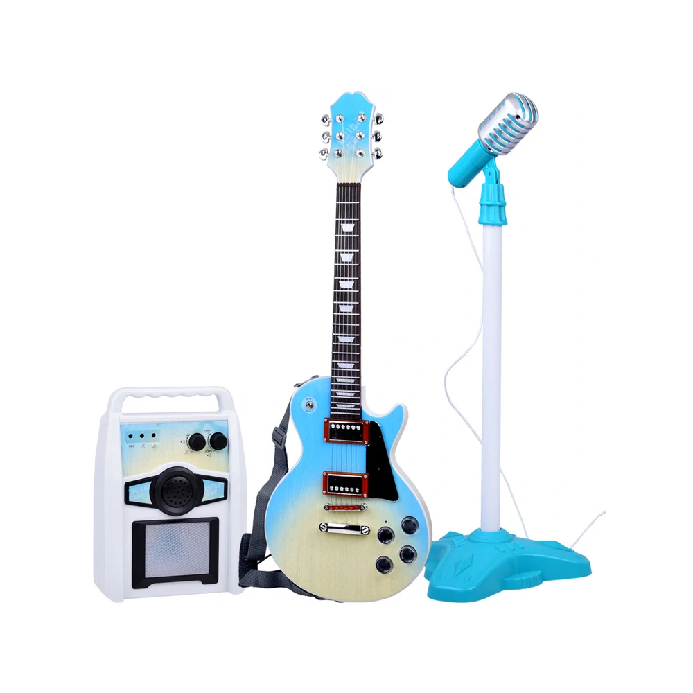 JOKO Detská Elektrická Gitara s Kombom so Svetlom, mikrofón na stojane, imitácia dreva, svetlo modrá