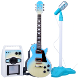 JOKO Detská Elektrická Gitara s Kombom so Svetlom, mikrofón na stojane, imitácia dreva, svetlo modrá