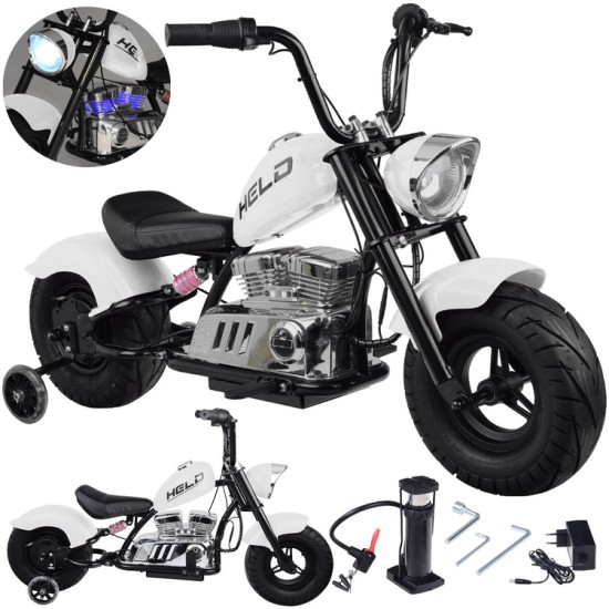 JOKO Elektrická Motorka Chopper 24V, nosnosť 80kg, rýchlosť 20km/h, nafukovacie kolesá, kožené sedadlo, biela