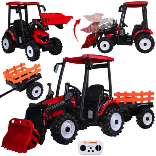 JOKO Veľký Elektrický Traktor s Kabínou 2x200W 24V s Pohyblivou Prednou Radlicou a vlečkou, hudobný panel, LED svetlá, Diaľkové 