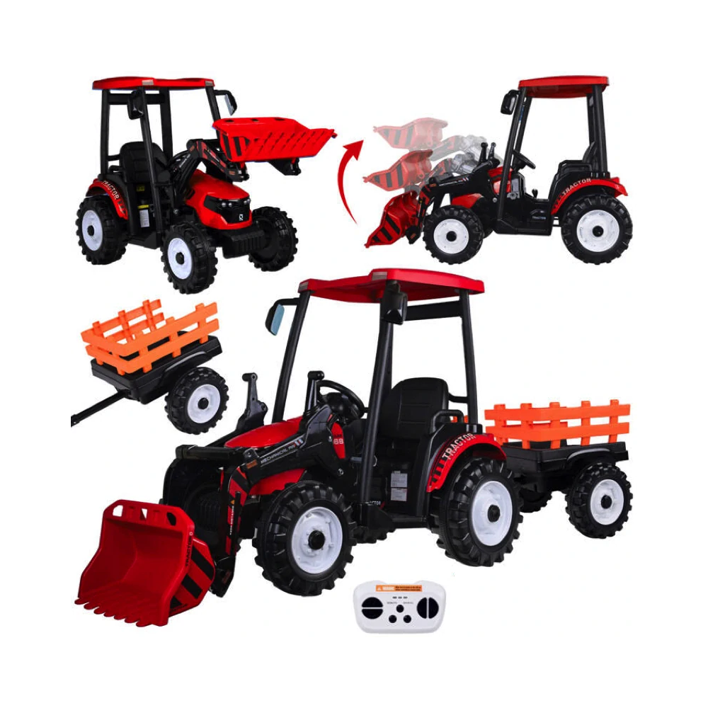 JOKO Veľký Elektrický Traktor s Kabínou 2x200W 24V s Pohyblivou Prednou Radlicou a vlečkou, hudobný panel, LED svetlá, Diaľkové 