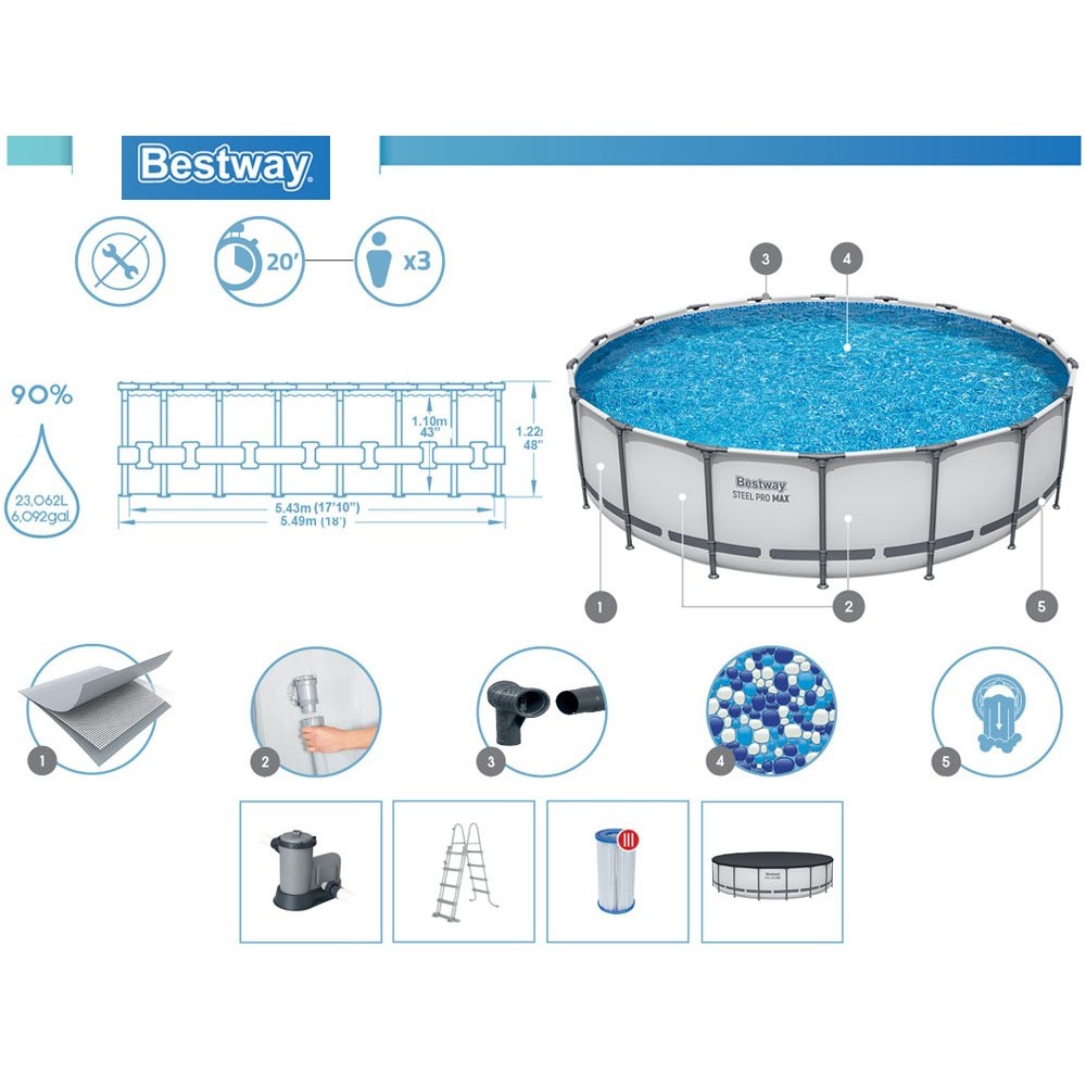 BESTWAY 56462 Bazén s kovovou konštrukciou  STEEL-PRO MAX 7v1 549 cm x 122 cm s filtračným čerpadlom + plachta a rebrík