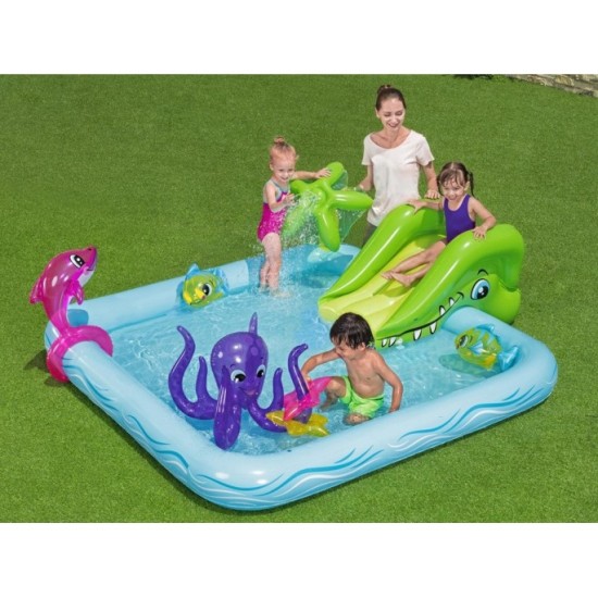 Bestway 53052 Detský bazén so šmýkalkou a fontánou 239cm x 206cm + zvieratká