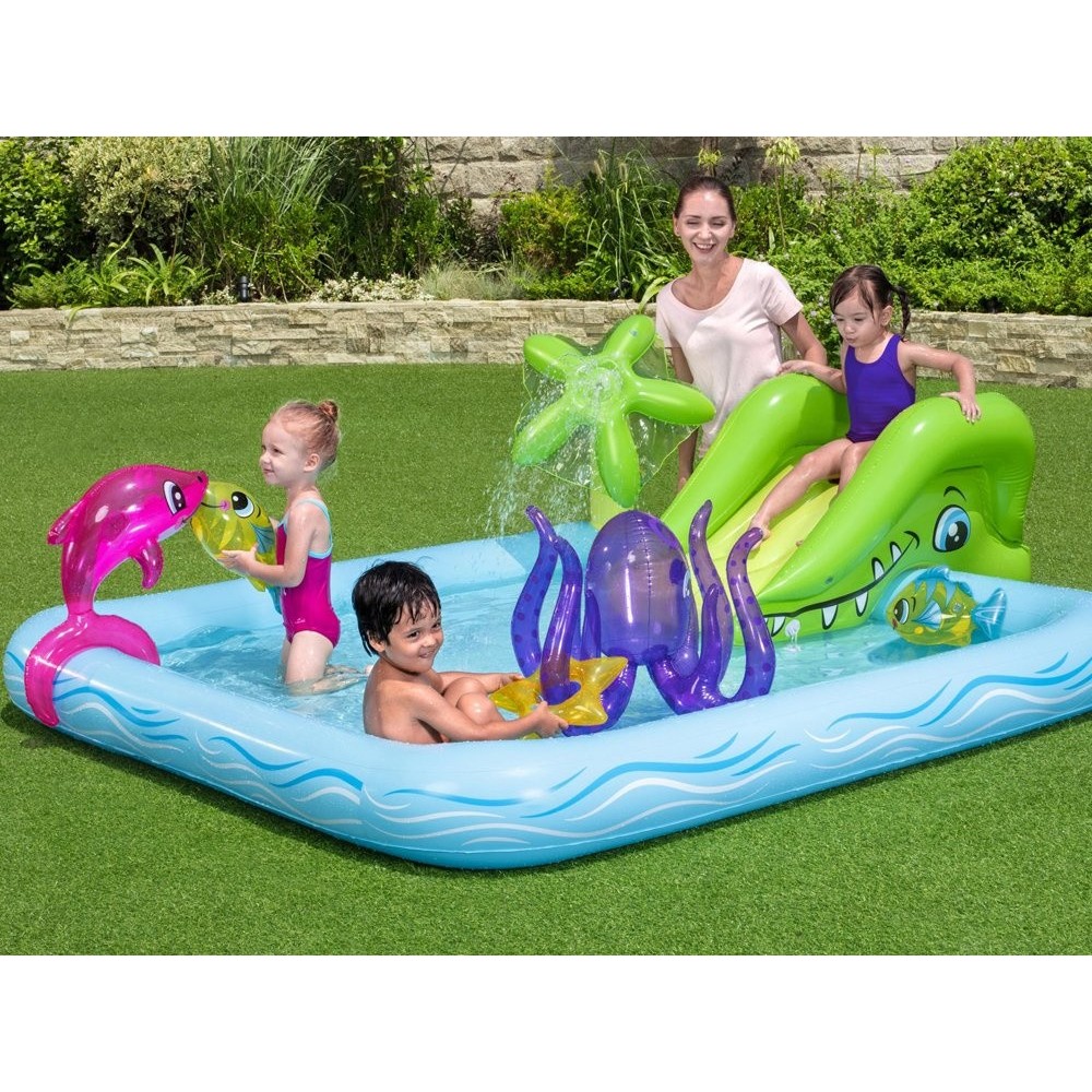 Bestway 53052 Detský bazén so šmýkalkou a fontánou 239cm x 206cm + zvieratká