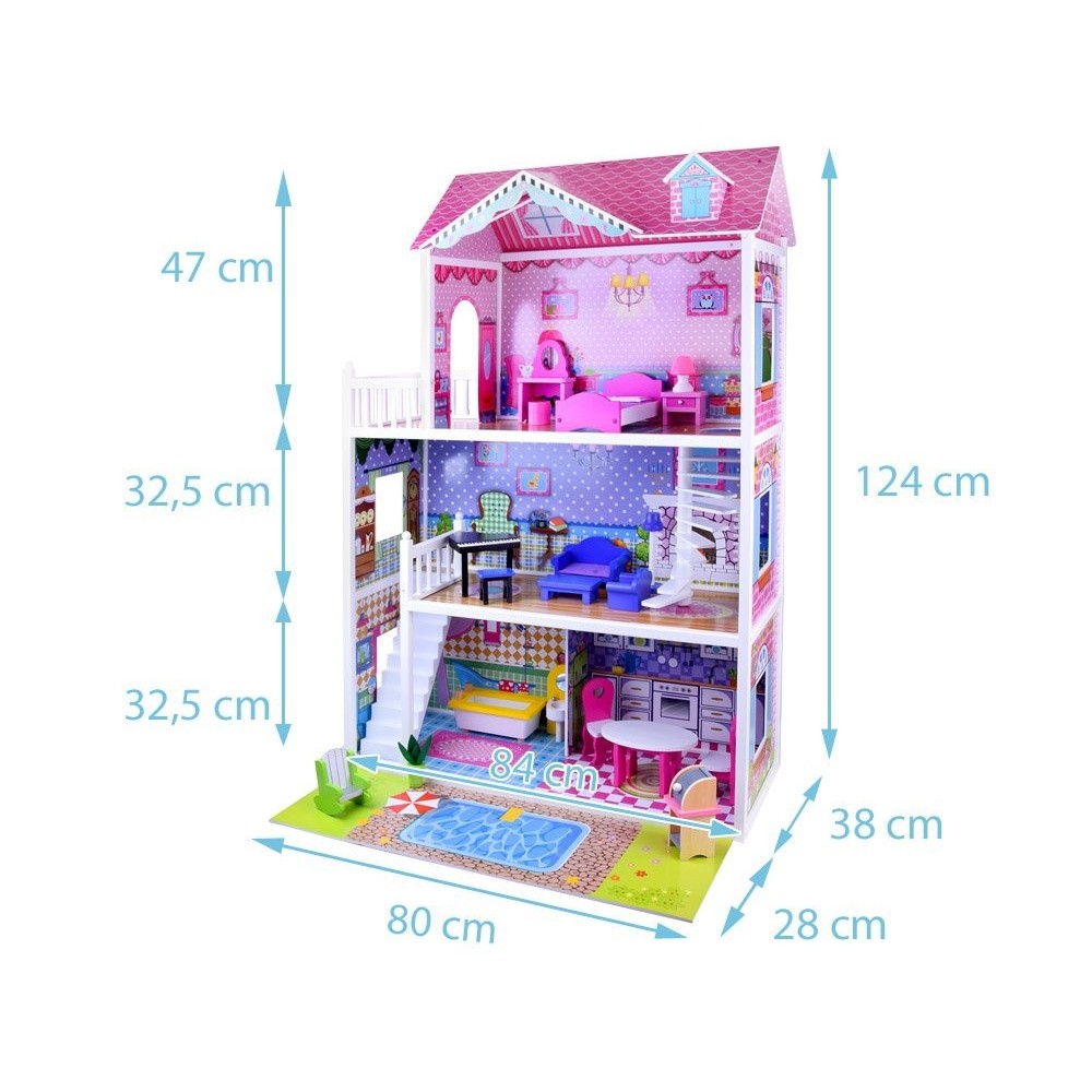 JOKO Veľký drevený domček pre bábiky 124cm s LED svetlom + nábytok, ružový