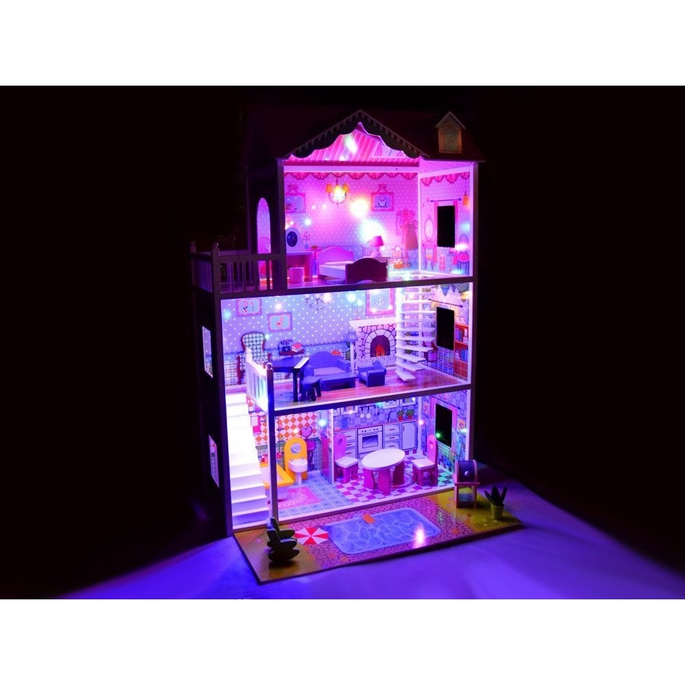 JOKO Veľký drevený domček pre bábiky 124cm s LED svetlom + nábytok, ružový