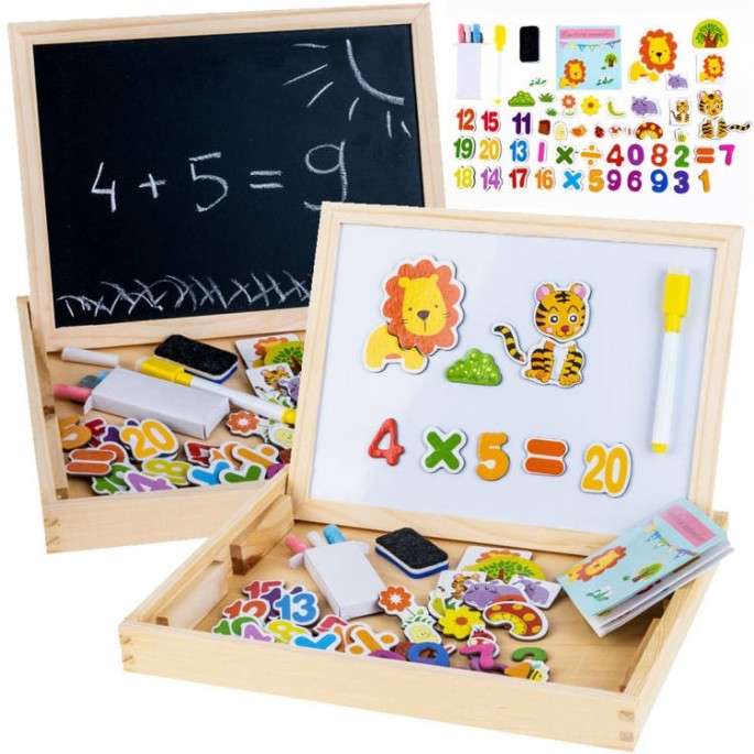 JOKO Drevená tabuľa skladacia pre deti na kriedy + Magnetické Puzzle 2v1