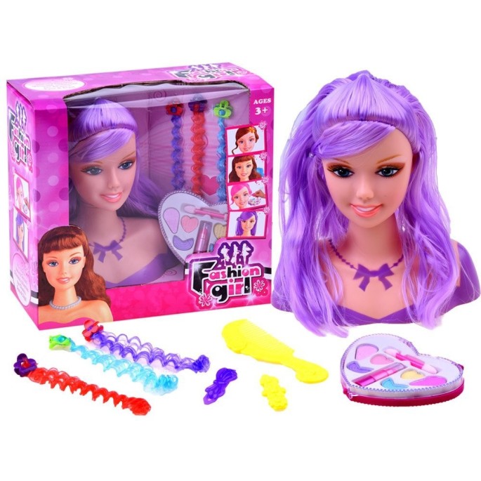 JOKO Bábika hlava na česanie a maľovanie + paleta MAKE UP tieňov s rúžom, fialové vlasy