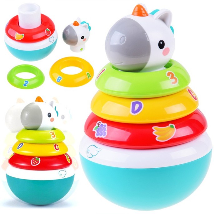 HOLA TOYS JOKO Detská pyramída s hrkajúcimi kruhmi Jednorožec