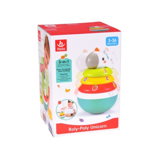 HOLA TOYS JOKO Detská pyramída s hrkajúcimi kruhmi Jednorožec