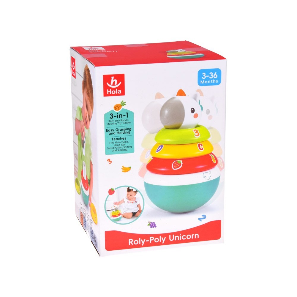 HOLA TOYS JOKO Detská pyramída s hrkajúcimi kruhmi Jednorožec