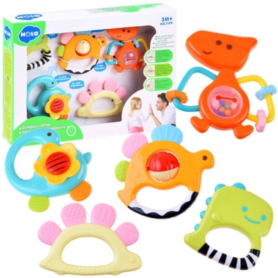 HOLA Toys Sada Hrkalky, hryzátka Dinosaury 5ks