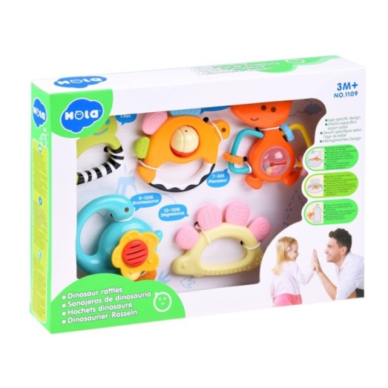 HOLA Toys Sada Hrkalky, hryzátka Dinosaury 5ks