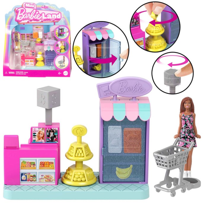 Mattel Bábika Barbie Mini BarbieLand Supermarket, Obchod pre bábiky s nákupným vozíkom
