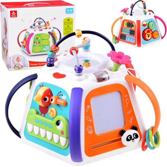 Hola Toys Interaktívna kocka so svetlom a zvukom + mazacia tabuľa + klavír + zrkadlo