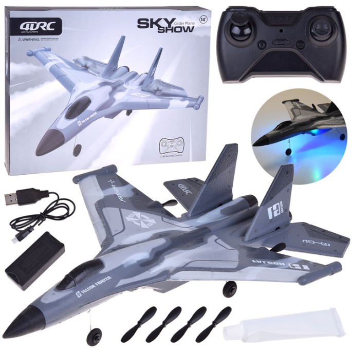 JOKO RC Lietadlo Sky Show s Dvojitým Motorom, LED svetlom a USB nabíjaním, sivé