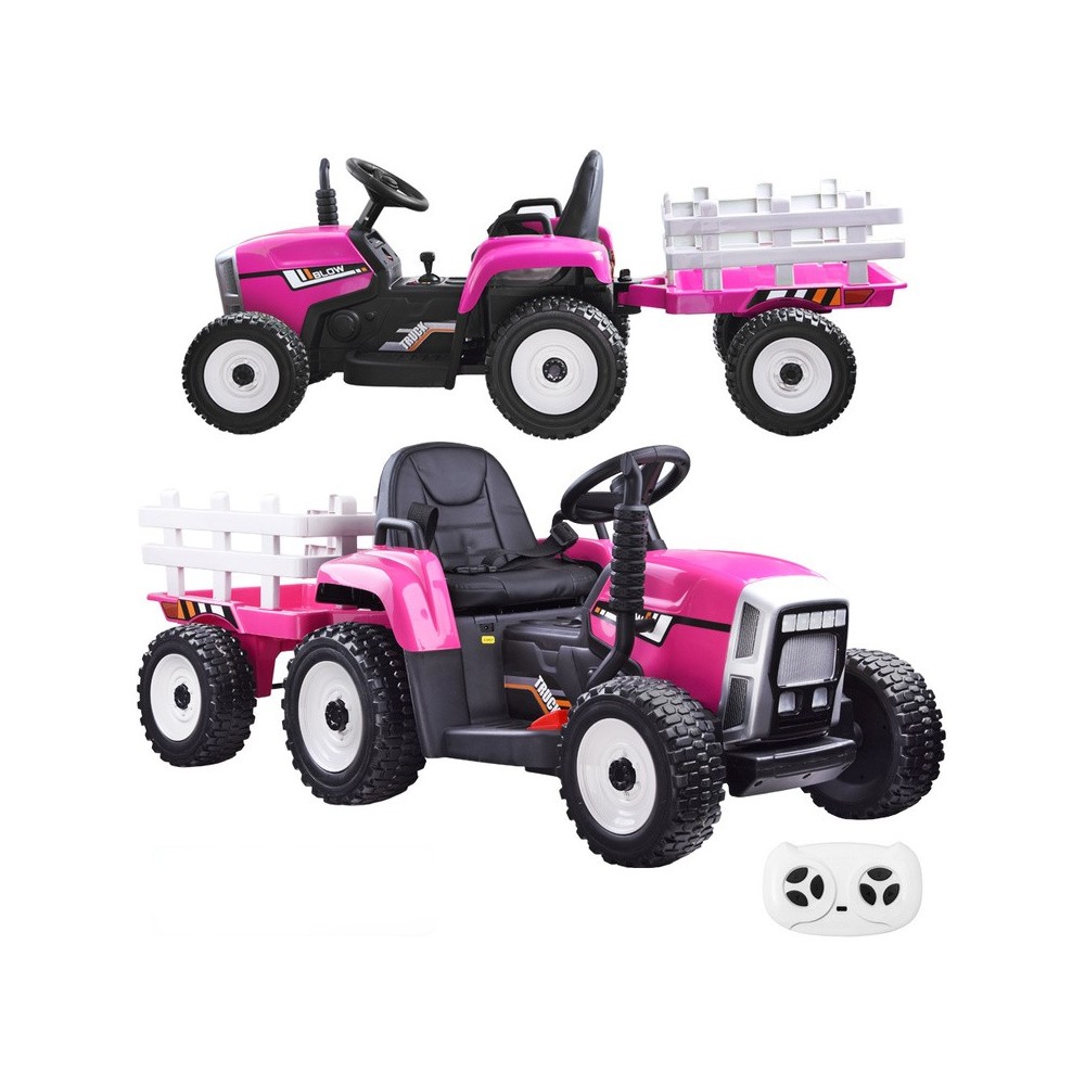 JOKO Elektrický traktor s vlečkou na drevo BLOW, diaľkové ovládanie, penové kolesá, kožené sedadlo, Led svetlá, USB, MP3, ružový