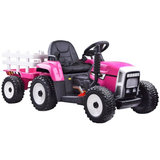 JOKO Elektrický traktor s vlečkou na drevo BLOW, diaľkové ovládanie, penové kolesá, kožené sedadlo, Led svetlá, USB, MP3, ružový