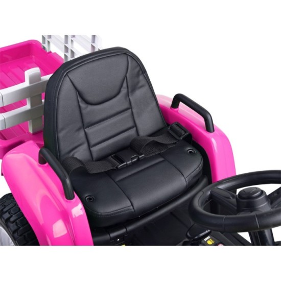 JOKO Elektrický traktor s vlečkou na drevo BLOW, diaľkové ovládanie, penové kolesá, kožené sedadlo, Led svetlá, USB, MP3, ružový