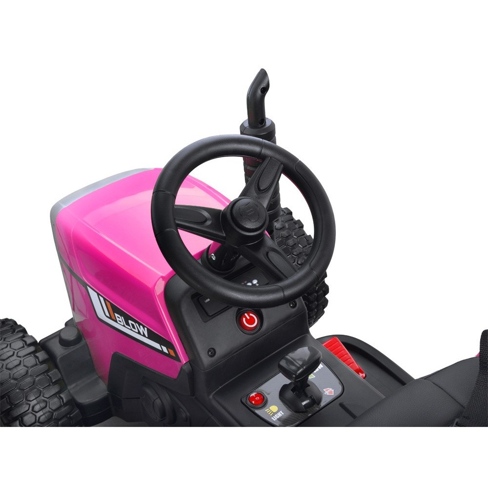 JOKO Elektrický traktor s vlečkou na drevo BLOW, diaľkové ovládanie, penové kolesá, kožené sedadlo, Led svetlá, USB, MP3, ružový