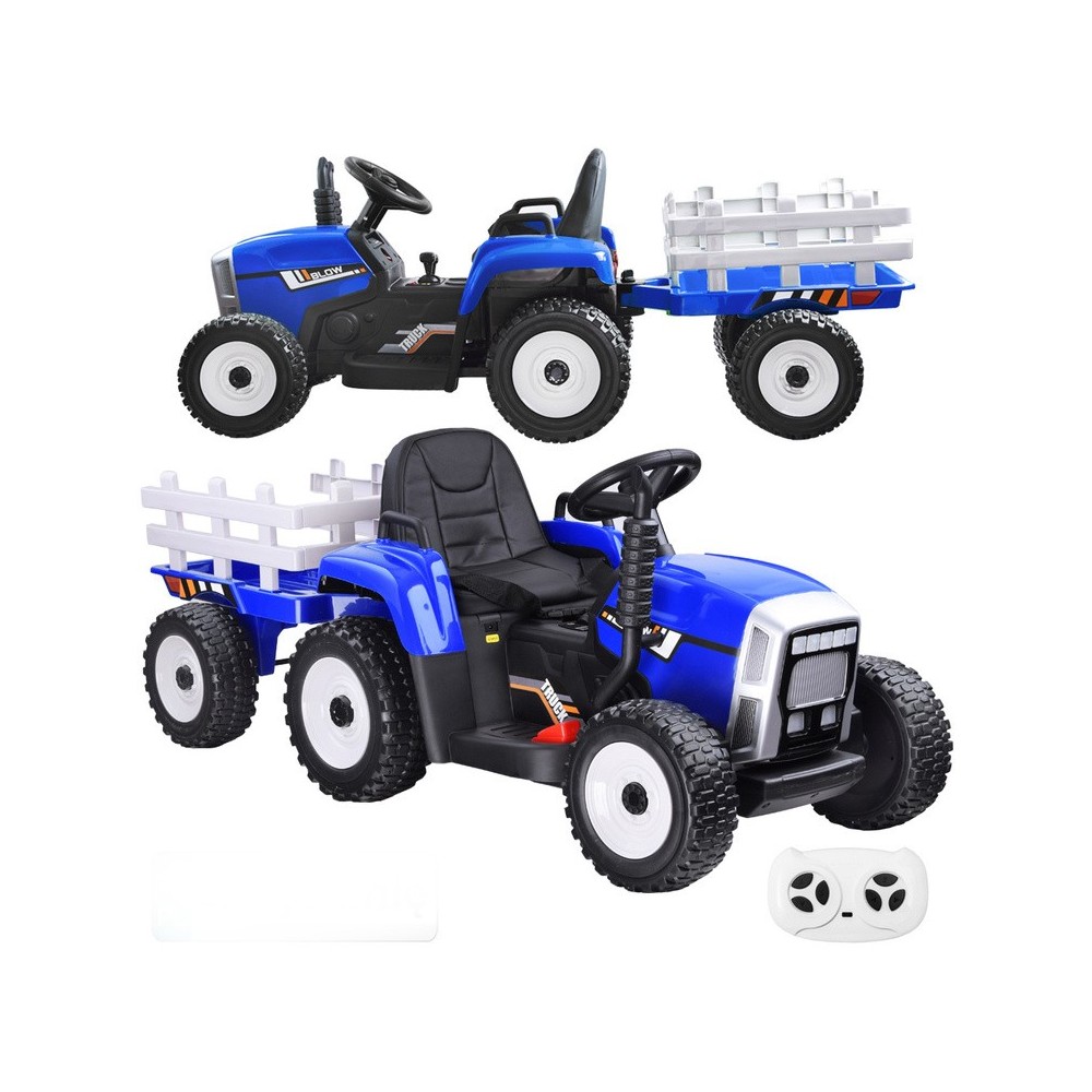 JOKO Elektrický traktor s vlečkou na drevo BLOW, diaľkové ovládanie, penové kolesá, kožené sedadlo, Led svetlá, USB, MP3, modrý