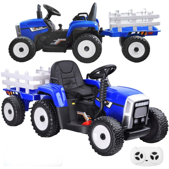 JOKO Elektrický traktor s vlečkou na drevo BLOW, diaľkové ovládanie, penové kolesá, kožené sedadlo, Led svetlá, USB, MP3, modrý