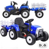 JOKO Elektrický traktor s vlečkou na drevo BLOW, diaľkové ovládanie, penové kolesá, kožené sedadlo, Led svetlá, USB, MP3, modrý