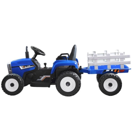 JOKO Elektrický traktor s vlečkou na drevo BLOW, diaľkové ovládanie, penové kolesá, kožené sedadlo, Led svetlá, USB, MP3, modrý