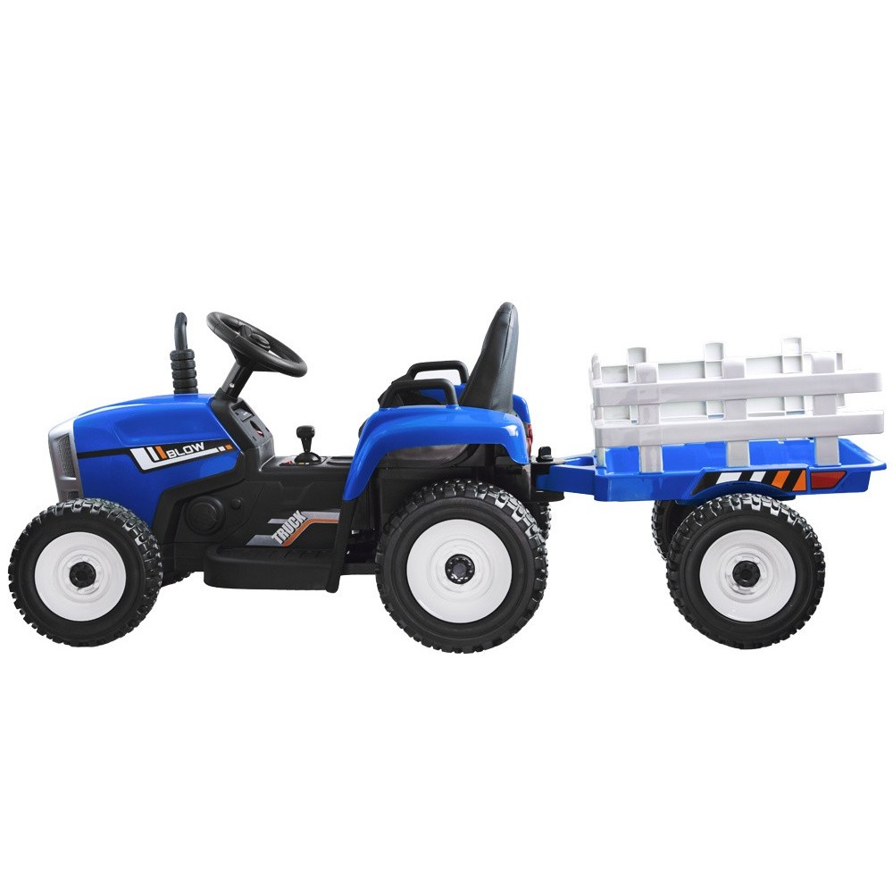 JOKO Elektrický traktor s vlečkou na drevo BLOW, diaľkové ovládanie, penové kolesá, kožené sedadlo, Led svetlá, USB, MP3, modrý