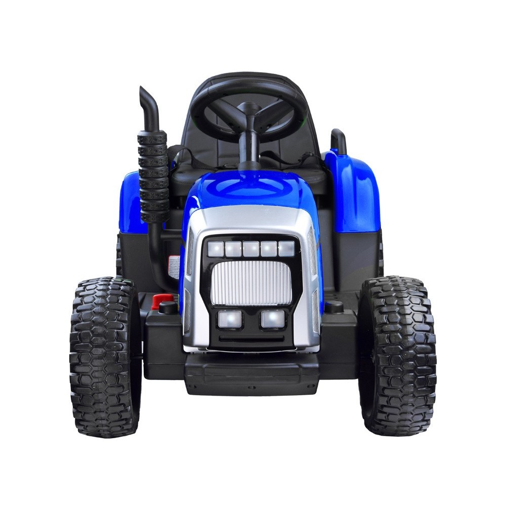 JOKO Elektrický traktor s vlečkou na drevo BLOW, diaľkové ovládanie, penové kolesá, kožené sedadlo, Led svetlá, USB, MP3, modrý