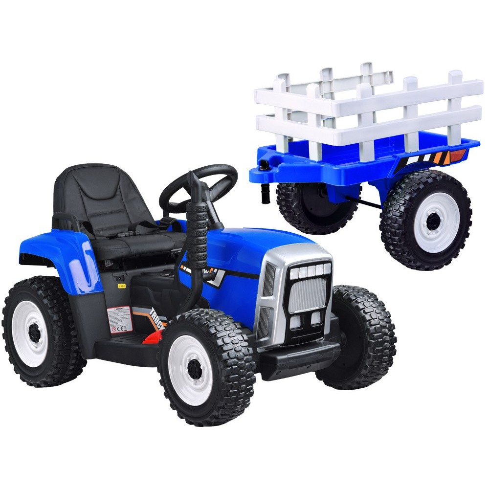 JOKO Elektrický traktor s vlečkou na drevo BLOW, diaľkové ovládanie, penové kolesá, kožené sedadlo, Led svetlá, USB, MP3, modrý