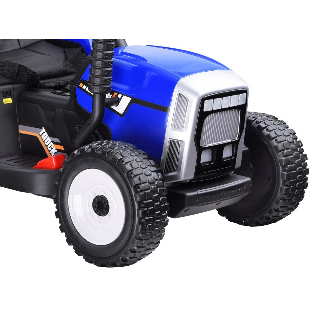 JOKO Elektrický traktor s vlečkou na drevo BLOW, diaľkové ovládanie, penové kolesá, kožené sedadlo, Led svetlá, USB, MP3, modrý