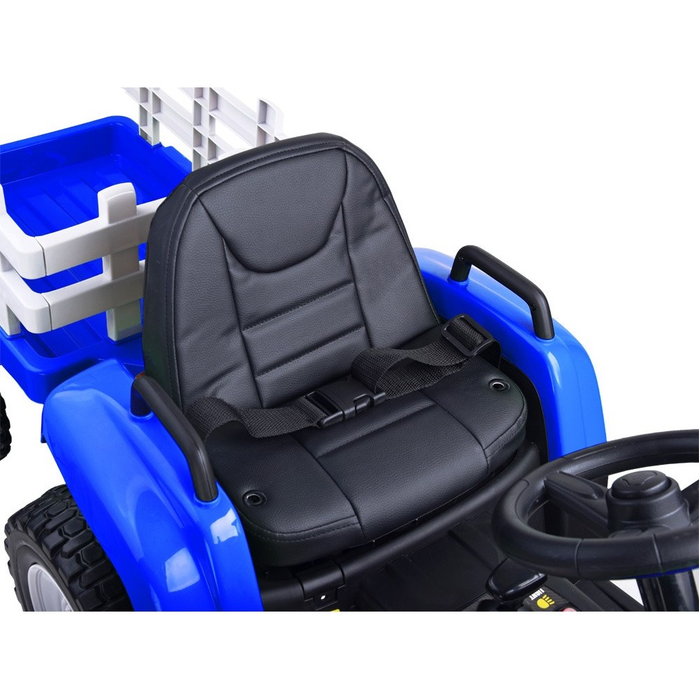 JOKO Elektrický traktor s vlečkou na drevo BLOW, diaľkové ovládanie, penové kolesá, kožené sedadlo, Led svetlá, USB, MP3, modrý