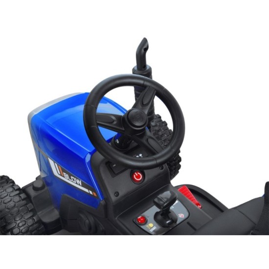 JOKO Elektrický traktor s vlečkou na drevo BLOW, diaľkové ovládanie, penové kolesá, kožené sedadlo, Led svetlá, USB, MP3, modrý