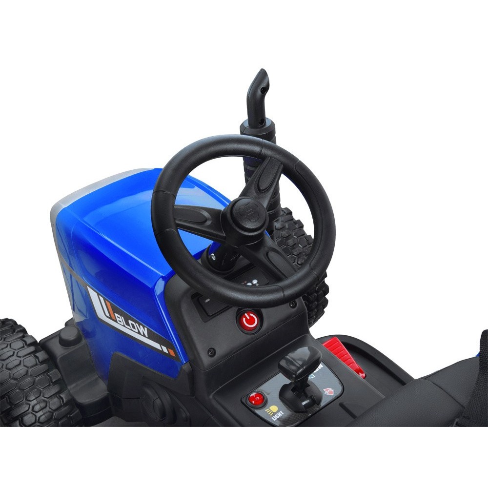JOKO Elektrický traktor s vlečkou na drevo BLOW, diaľkové ovládanie, penové kolesá, kožené sedadlo, Led svetlá, USB, MP3, modrý