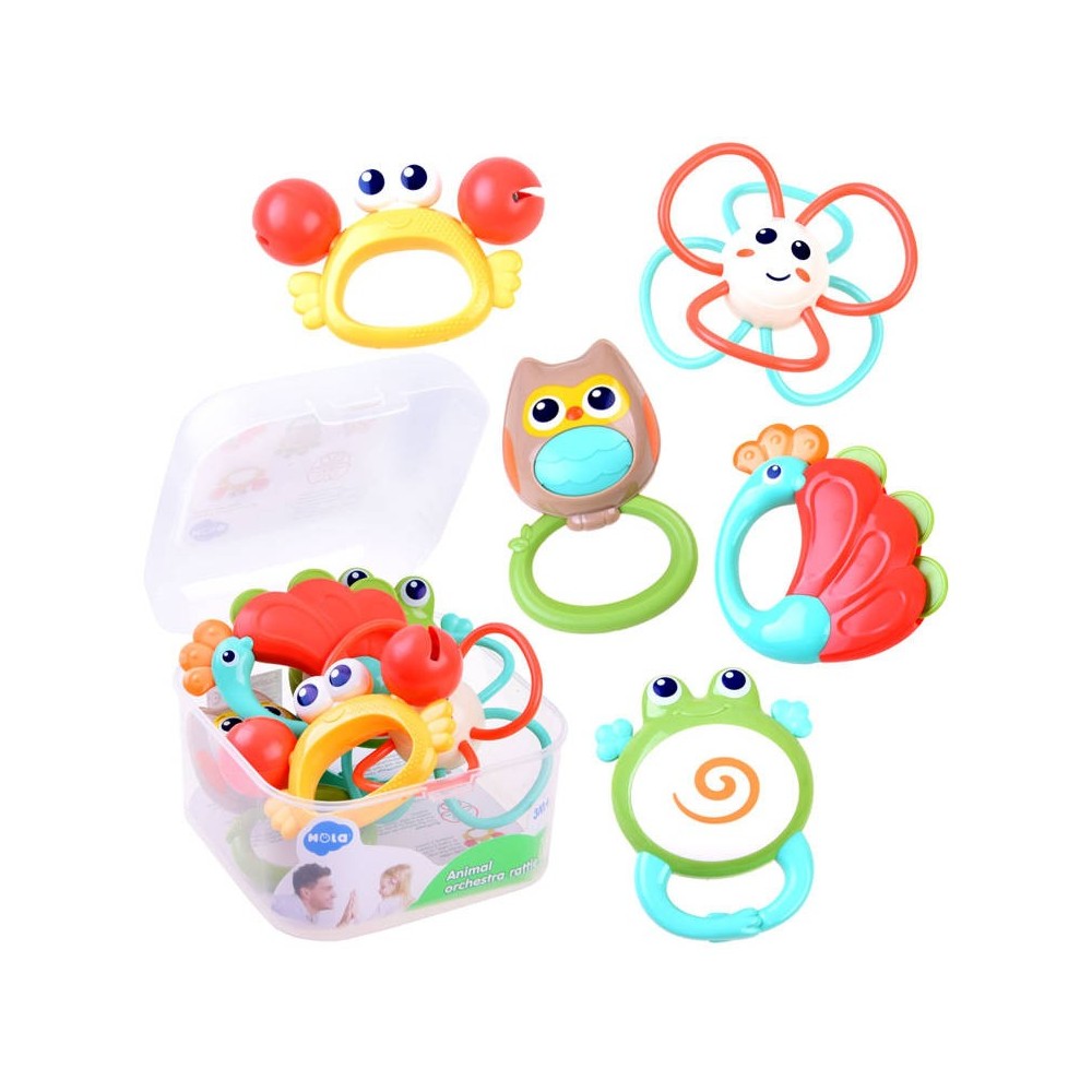 HOLA Toys Sada Hrkálky, Hryzátka Zvieratká 5ks v plastovom boxe