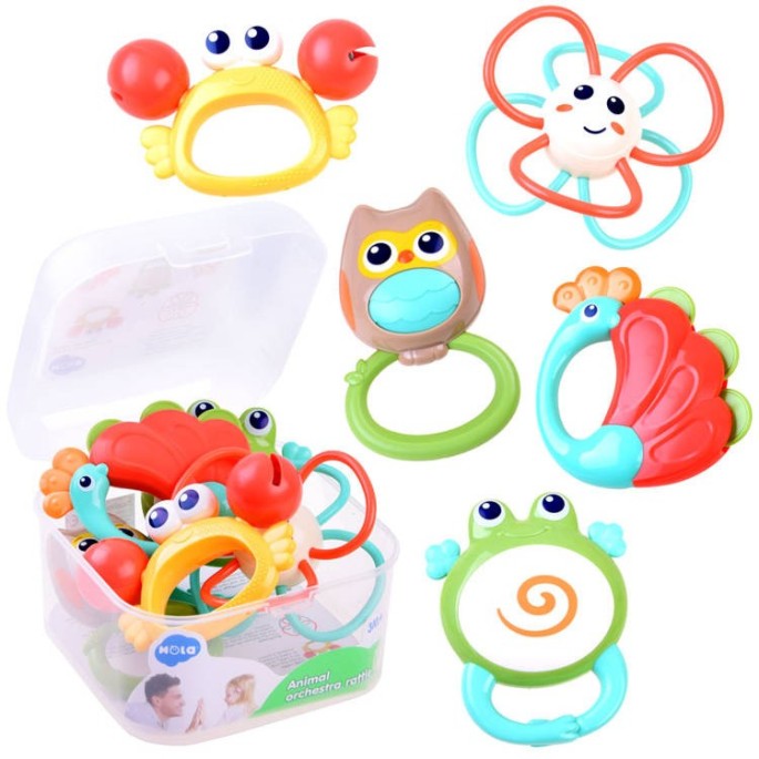 HOLA Toys Sada Hrkálky, Hryzátka Zvieratká 5ks v plastovom boxe