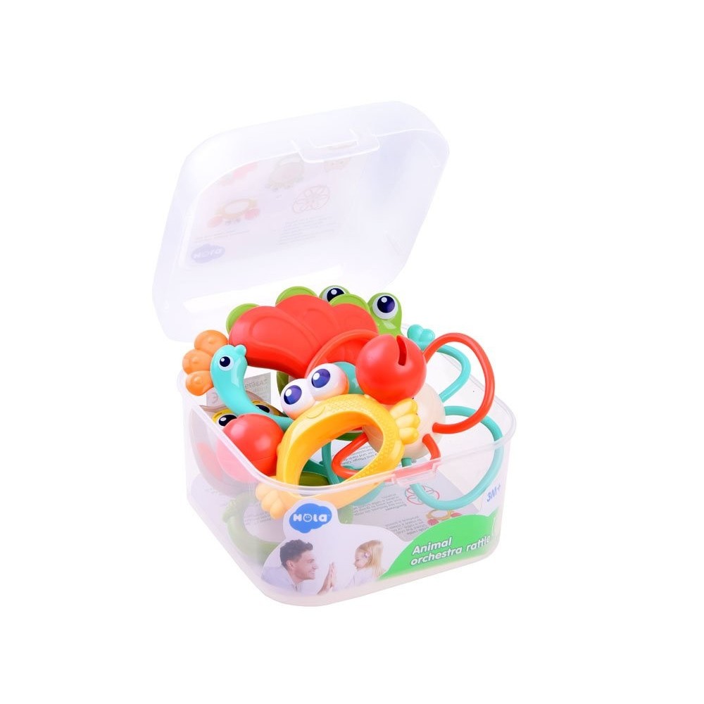 HOLA Toys Sada Hrkálky, Hryzátka Zvieratká 5ks v plastovom boxe