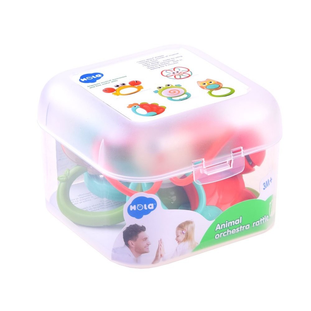 HOLA Toys Sada Hrkálky, Hryzátka Zvieratká 5ks v plastovom boxe