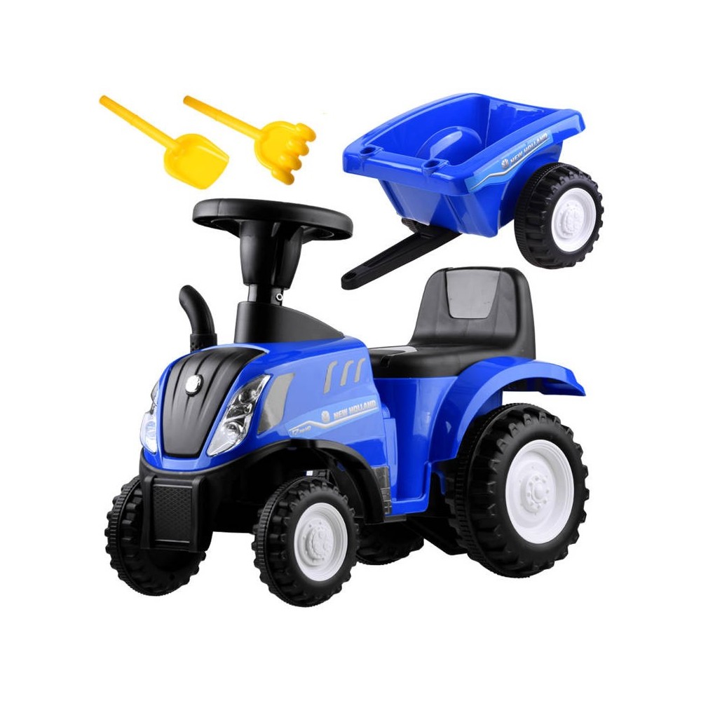 JOKO Odrážadlo traktor pre najmenšich s vlečkou + lopatka + hrable, modrý