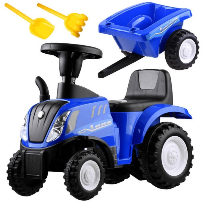 JOKO Odrážadlo traktor pre najmenšich s vlečkou + lopatka + hrable, modrý