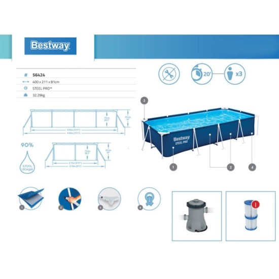 Bestway 56424 Bazén s konštrukciou, 400cm x 211cm x 81cm + filtračné čerpadlo